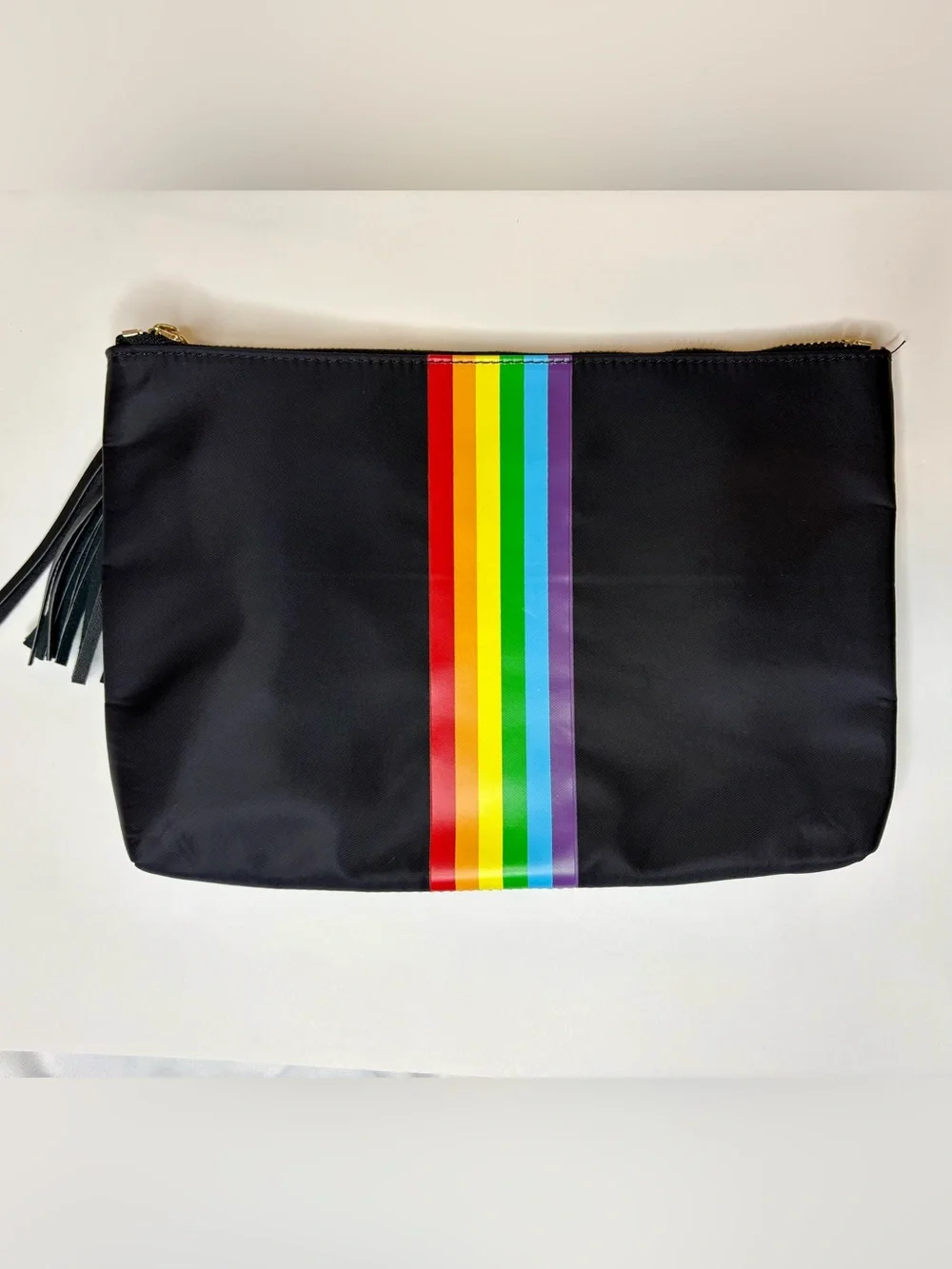 Ahdorned Nylon Cosmetic Bag with Rainbow Stripe, tassel, black, never used